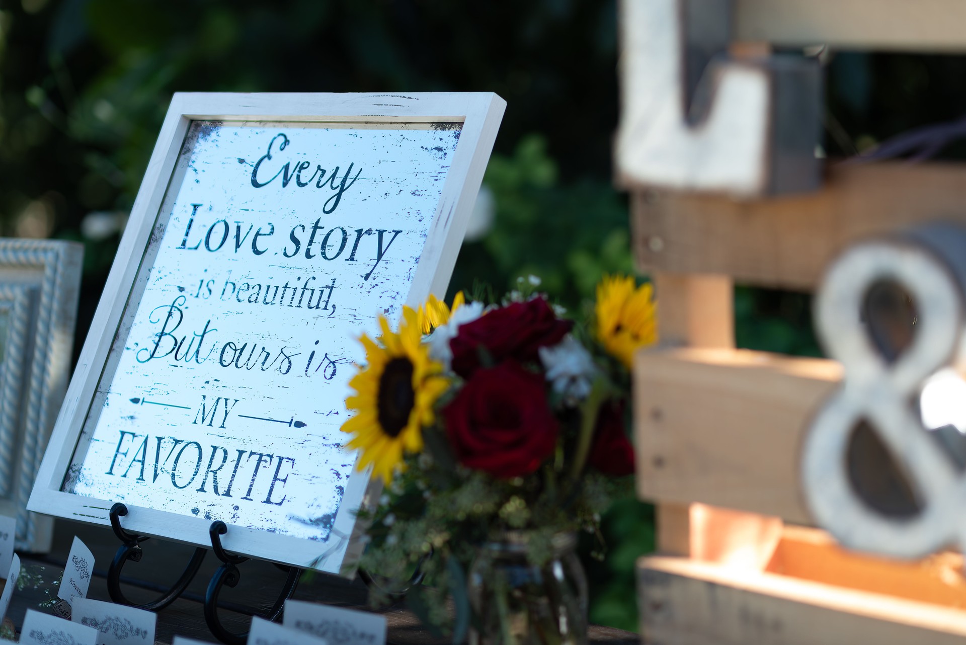 Romantic Wedding Sign with Sunflowers and Roses